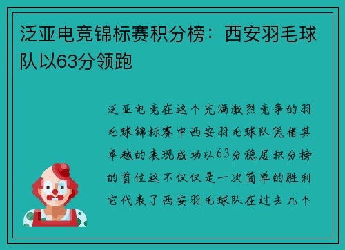 泛亚电竞锦标赛积分榜：西安羽毛球队以63分领跑