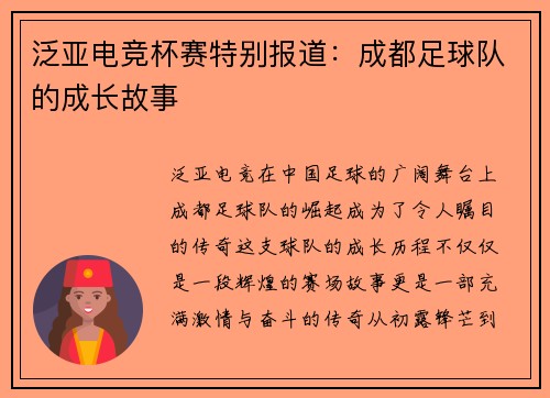 泛亚电竞杯赛特别报道：成都足球队的成长故事