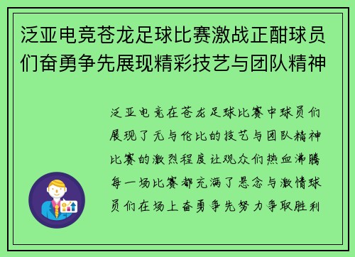 泛亚电竞苍龙足球比赛激战正酣球员们奋勇争先展现精彩技艺与团队精神
