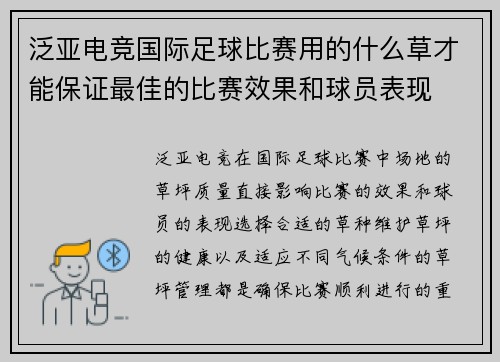 泛亚电竞国际足球比赛用的什么草才能保证最佳的比赛效果和球员表现