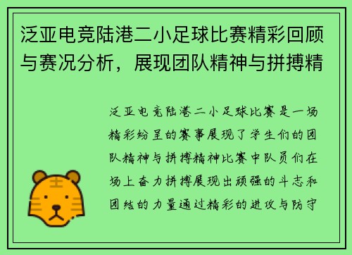 泛亚电竞陆港二小足球比赛精彩回顾与赛况分析，展现团队精神与拼搏精神