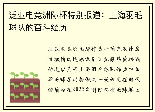泛亚电竞洲际杯特别报道：上海羽毛球队的奋斗经历