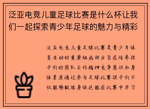 泛亚电竞儿童足球比赛是什么杯让我们一起探索青少年足球的魅力与精彩