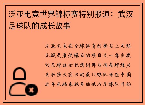 泛亚电竞世界锦标赛特别报道：武汉足球队的成长故事